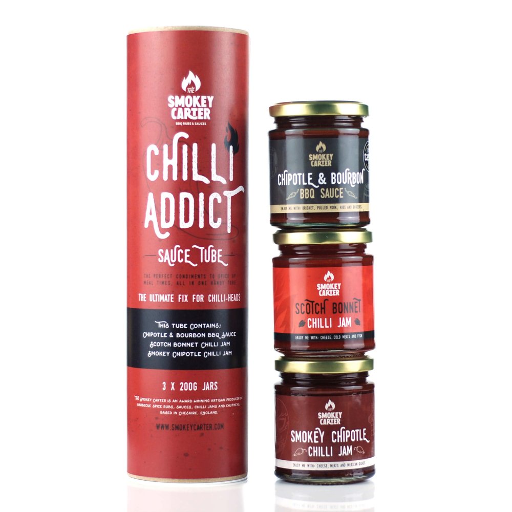 Chilli Addict Sauce Gift Tube | The Smokey Carter | Scotch Bonnet Chilli Jam | Chipotle Chilli Jam | Bourbon BBQ Sauce - Great Gift
