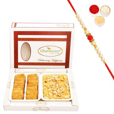 Ghasitaram Gifts Rakhi Gifts for Brothers Rakhi Sweets - Soan Papdi and Methi Mathri Hamper with Pearl Beads Rakhi