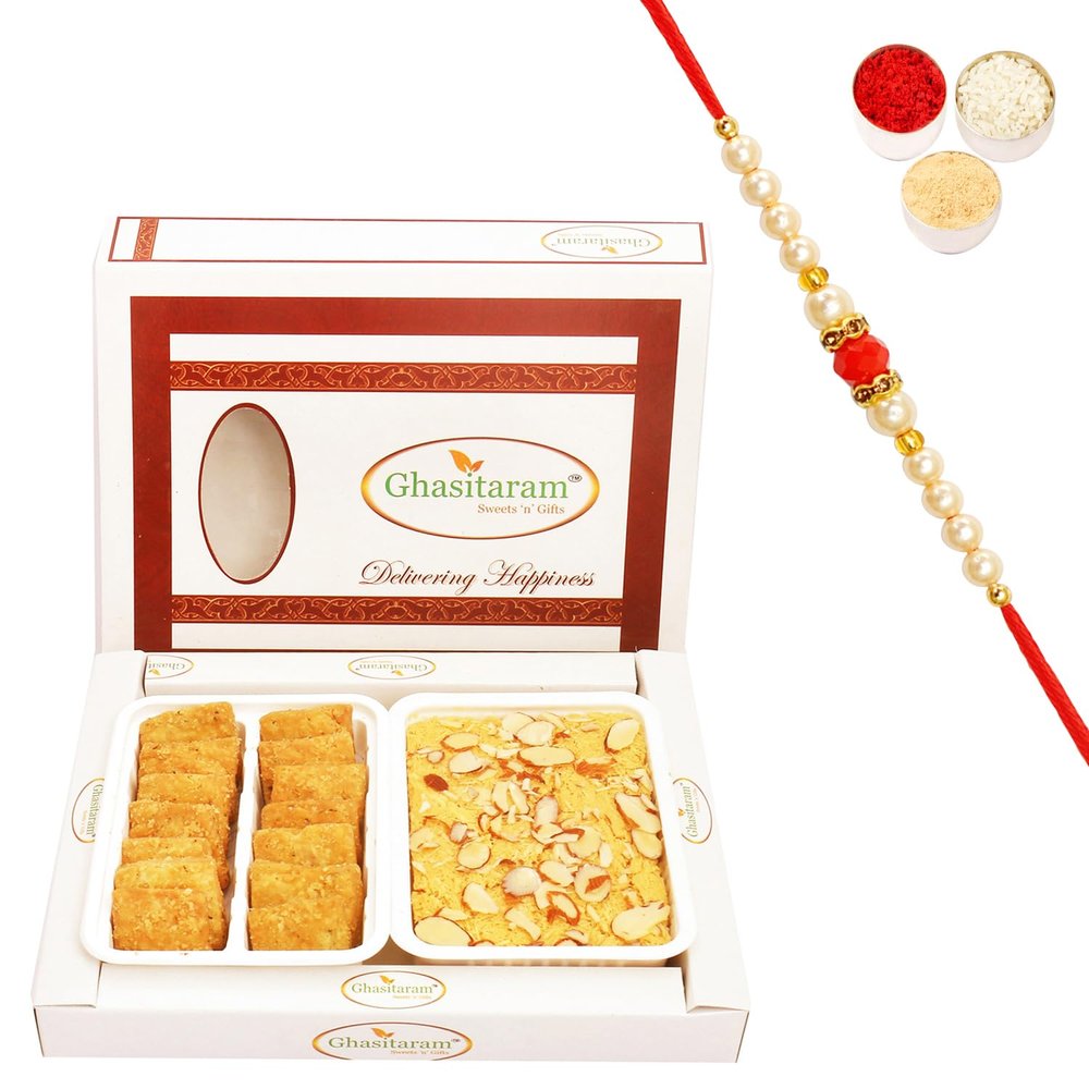 Ghasitaram Gifts Rakhi Gifts for Brothers Rakhi Sweets - Soan Papdi and Methi Mathri Hamper with Pearl Beads Rakhi