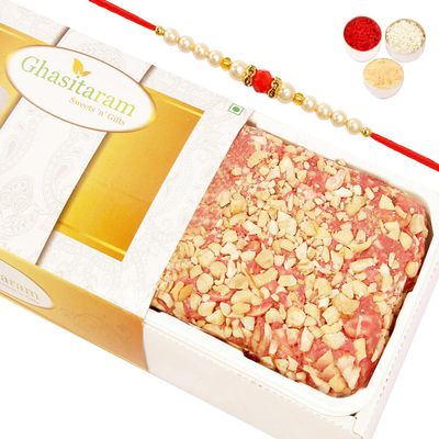 Ghasitaram Gifts Rakhi Gifts for Brothers Rakhi Sweets - Roasted Cashew Strawberry Cake with Pearl Beads Rakhi