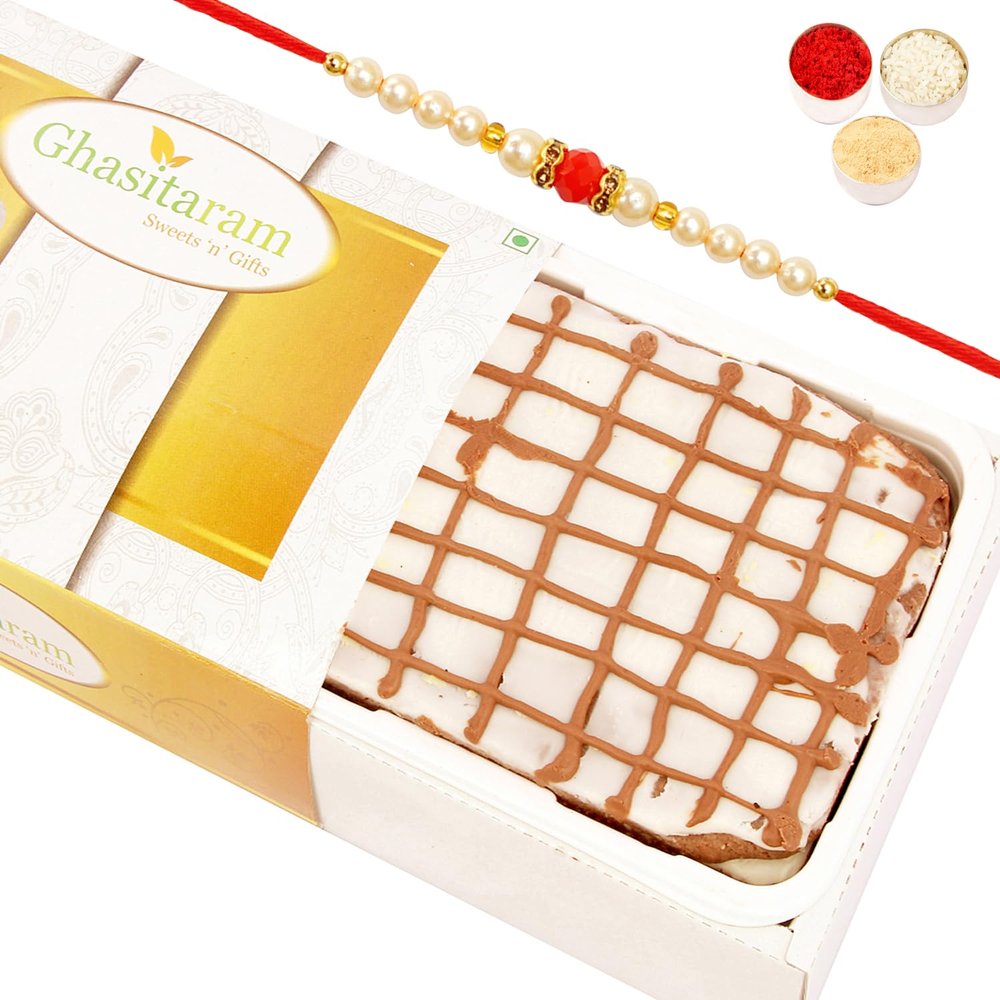 Ghasitaram Gifts Rakhi Gifts for Brothers Rakhi Sweets - Chocolate Irish Cake with Pearl Beads Rakhi