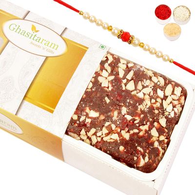 Ghasitaram Gifts Rakhi Gifts for Brothers Rakhi Sweets - Sugarfree Khajoor/ Dates Cake with Pearl Beads Rakhi
