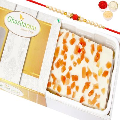 Ghasitaram Gifts Rakhi Gifts for Brothers Rakhi Sweets - Rakhi Sweets-Irish Cashew Papaya Cake with Pearl Beads Rakhi