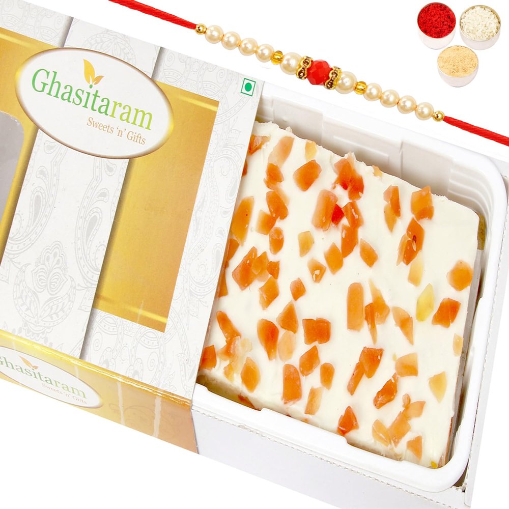 Ghasitaram Gifts Rakhi Gifts for Brothers Rakhi Sweets - Rakhi Sweets-Irish Cashew Papaya Cake with Pearl Beads Rakhi
