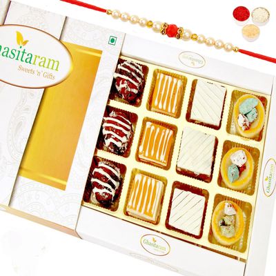 Ghasitaram Gifts Rakhi Gifts for Brothers Rakhi Sweets - Ghasitaram Gifts - Assorted Exotic Cashew Sweets 12 pcs with Beads Rakhi