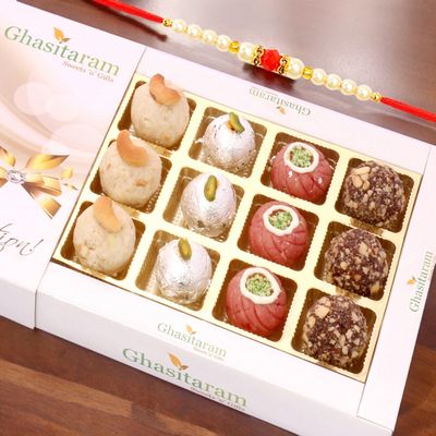 Ghasitaram Gifts Rakhis for Brother Rakhi Sweets - Assorted Dryfruit Sweets in White Box with Rudraksh Rakhi