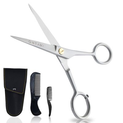 ONTAKI Professional German Beard & Mustache Scissors with Comb & Carrying Pouch - Hand Forged with Bevel Edge for Precision Perfect Mens Facial Hair Grooming Kit for All Body or Facial Hair (Silver)