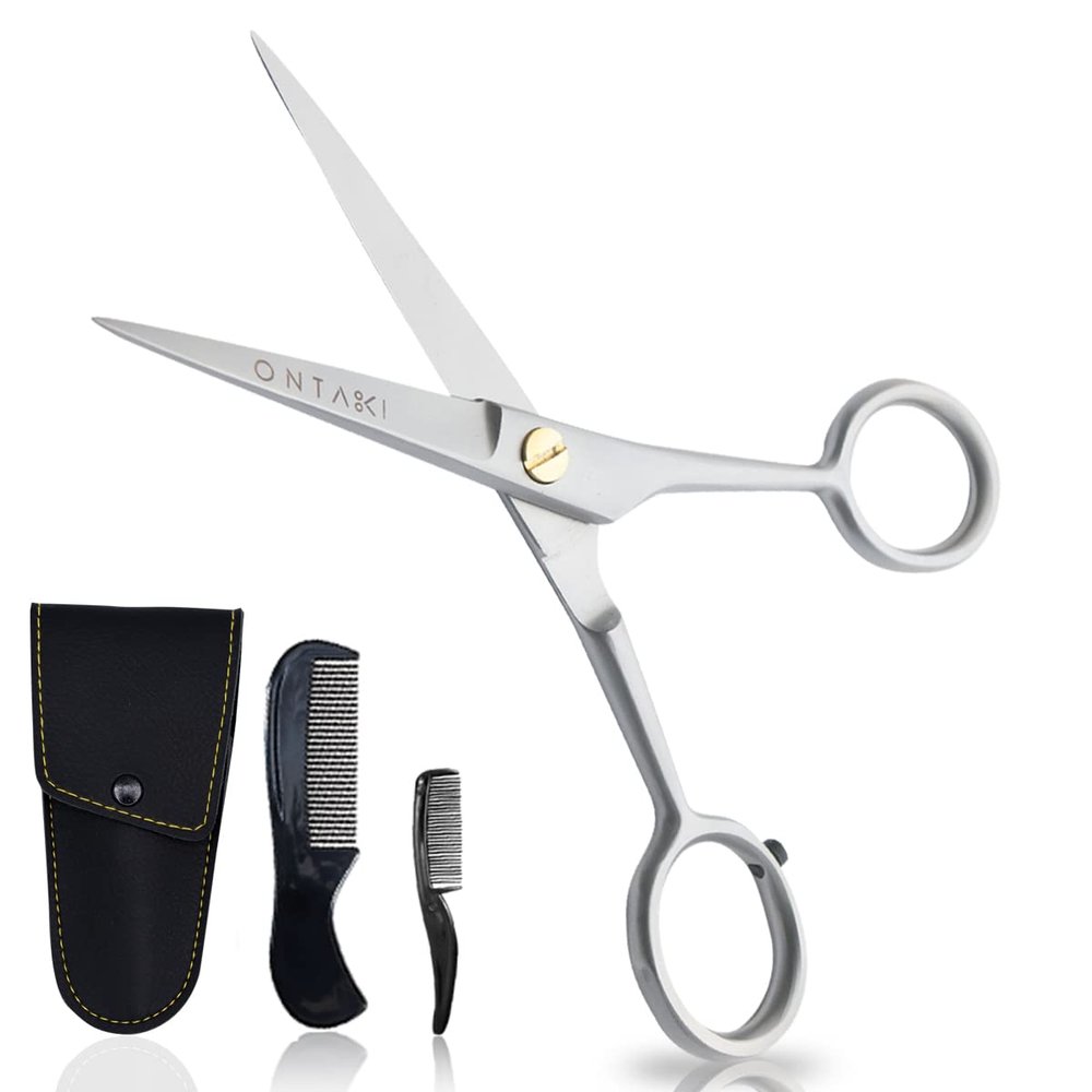 ONTAKI Professional German Beard & Mustache Scissors with Comb & Carrying Pouch - Hand Forged with Bevel Edge for Precision Perfect Mens Facial Hair Grooming Kit for All Body or Facial Hair (Silver)