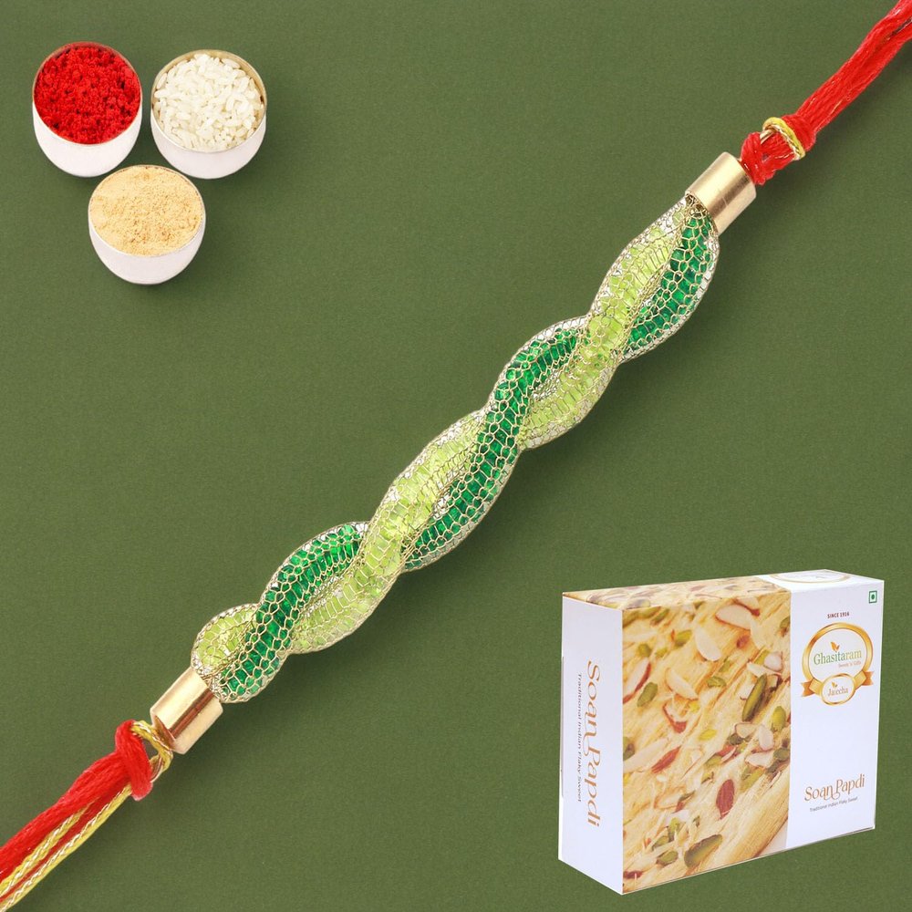 Ghasitaram Gifts Rakhi for Brother Rakhis Online - 0057 Never Leave me Rakhi with 400 GMS of Soan Papdi