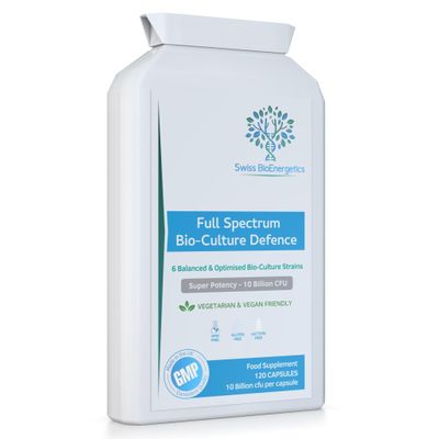 Full Spectrum Bio-Culture Defence - 120 Capsules - High Strength 10 Billion Live CFU Multi-Strain Bio-Cultures + FOS Formula - Latest DRCaps Encapsulation to Protect from gastric acids