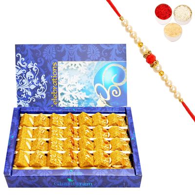 Ghasitaram Gifts Rakhi Gifts for Brothers Rakhi Sweets - Nani's Special Besan Barfi 800 GMS with Beads Rakhi