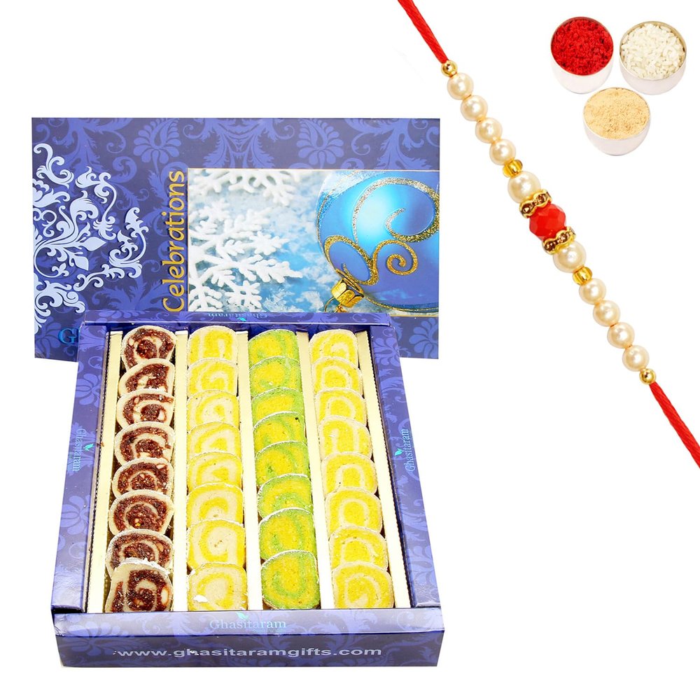 Ghasitaram Gifts Rakhi Gifts for Brothers Rakhi Sweets - Rakhi Gifts Sweets-Ghasitarams Assorted Moons Box 800 GMS with Pearl Beads Rakhi