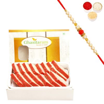 Ghasitaram Gifts Rakhis for Brother Rakhi Sweets - Irish kaju Katli 200 GMS with Rudraksh Rakhi