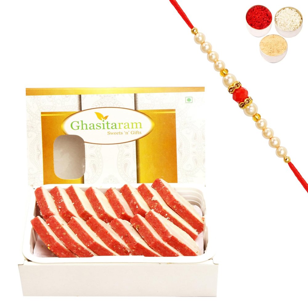 Ghasitaram Gifts Rakhis for Brother Rakhi Sweets - Irish kaju Katli 200 GMS with Rudraksh Rakhi