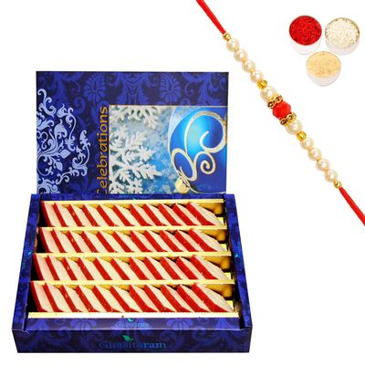 Ghasitaram Gifts Rakhi Gifts for Brothers Rakhi Sweets - Rakhi Gifts Sweets-Ghasitarams Irish kaju Katli 800 GMS with Beads Rakhi