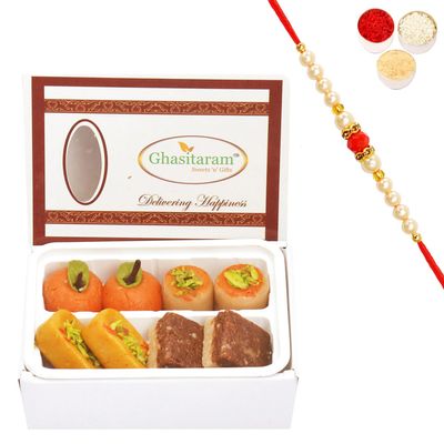 Ghasitaram Gifts Rakhi Gifts for Brothers Rakhi Sweets - Assorted Sweets Box (200 GMS) with Beads Rakhi