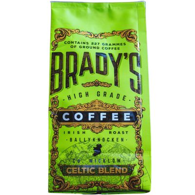 Bradys Celtic Blend Dark Roast Ground Coffee for Cafetiere, Pour Over or Drip Filter - 100% Arabica Brazilian and Colombian Coffee Beans with Notes of Dark Chocolate, Nuts, and Caramel, 227g Bag