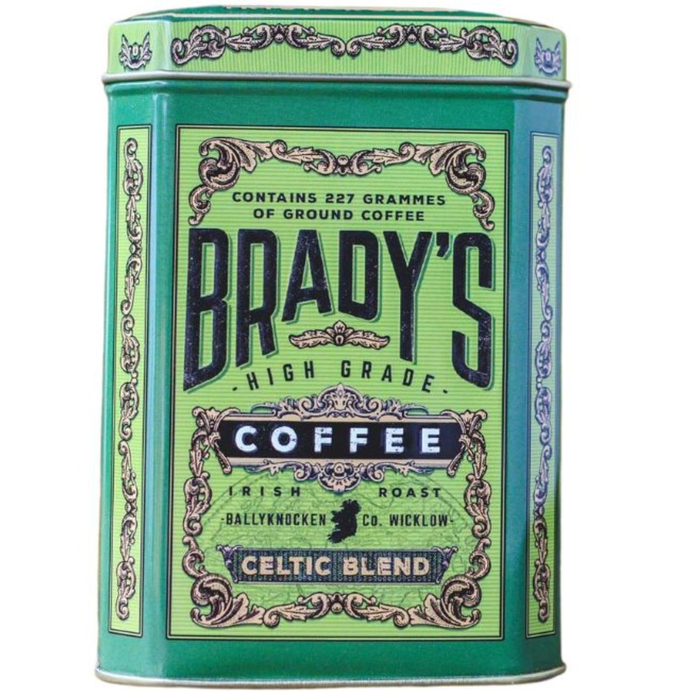 Bradys Celtic Blend Dark Roast Ground Coffee for Cafetiere, Pour Over or Drip Filter - 100% Arabica Brazilian and Colombian Coffee Beans with Notes of Dark Chocolate, Nuts, and Caramel, 227g Tin