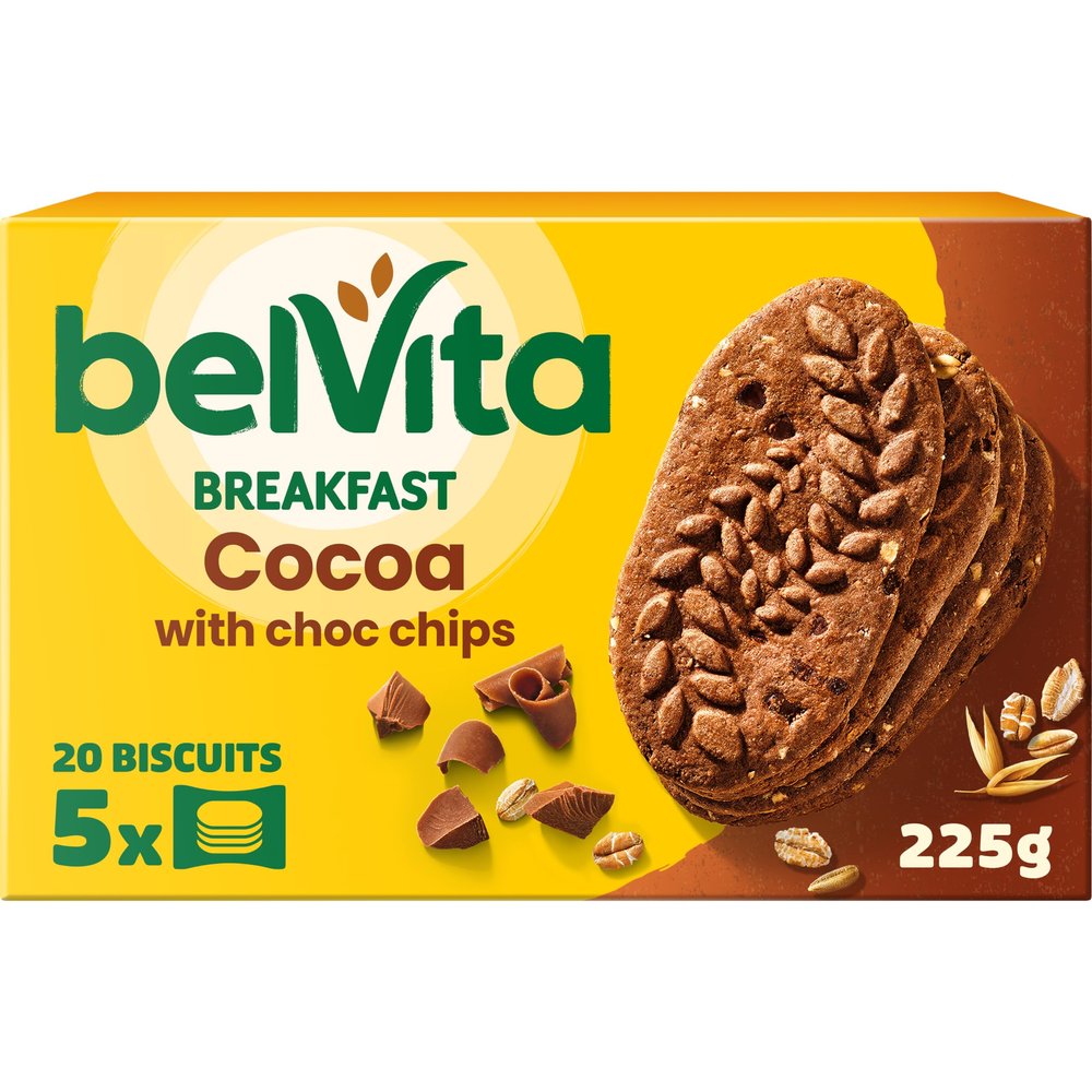 BelVita Breakfast Biscuits Cocoa & Choc Chips, Wholegrain & High in Fibre, (5 x 45 g) (Pack of 10) Total 200 Biscuits