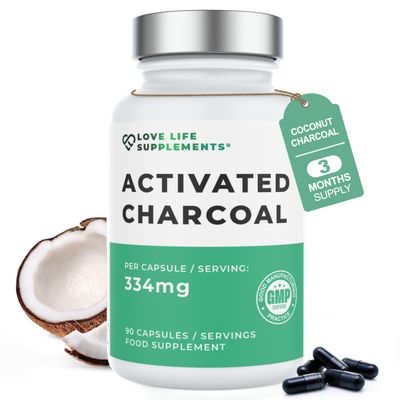 Activated Charcoal Capsules 334mg, 90 Capsules 3 Month Supply, Coconut Shell Active Carbon for Bloating Relief, Gas & Flatulence, Vegan Digestive Supplement, UK Made, Love Life Supplements