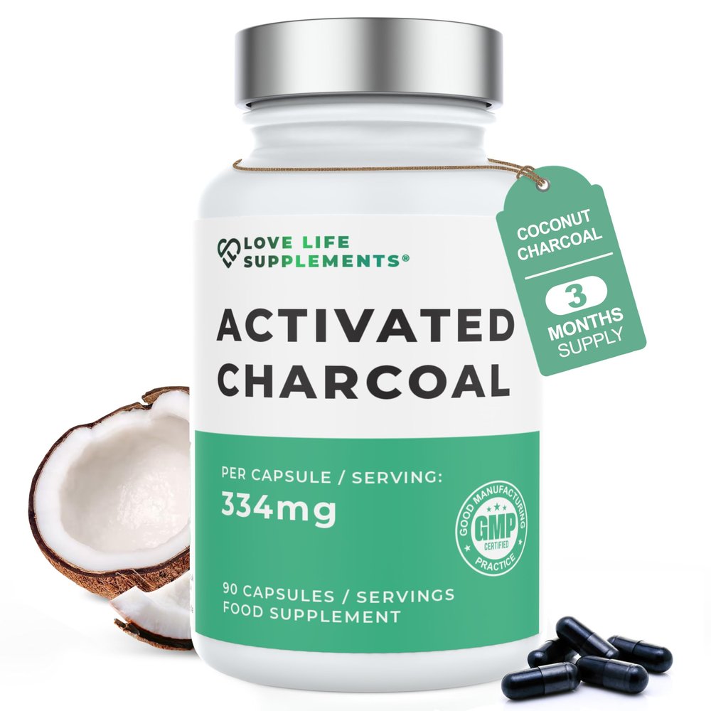 Activated Charcoal Capsules 334mg, 90 Capsules 3 Month Supply, Coconut Shell Active Carbon for Bloating Relief, Gas & Flatulence, Vegan Digestive Supplement, UK Made, Love Life Supplements