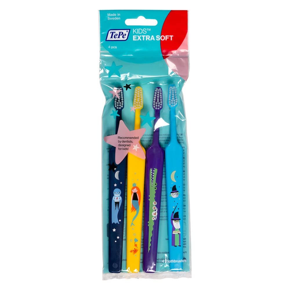 TePe Select Compact Toothbrush, Kids Extra Soft, Mixed Pack, 4pcs, Kids Toothbrush, Soft Bristle Toothbrush for Gentle and efficient Cleaning