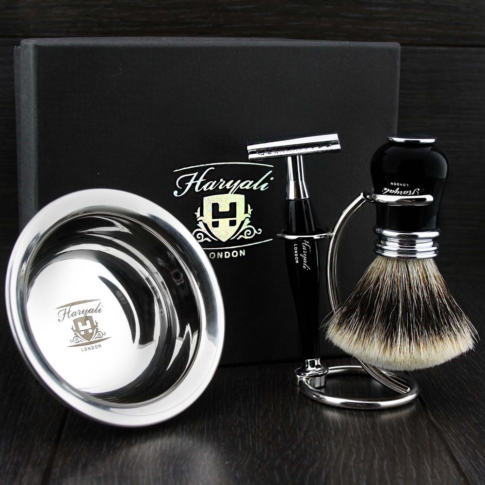 Ready to Use 4 Pcs Men's Shaving Set with Double Edge Safety Razor, Sliver Tip Badger Hair Brush, Stand and Steel Soap Bowl