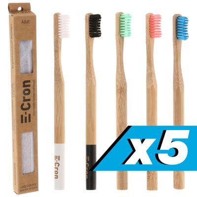 5 x E-Cron Bamboo Toothbrush (Mixed Colors) with Eco-friendly, 100% organic and biodegradable toothbrush handle. Your Natural Dental Care with The clean and warm touch of The bamboo.