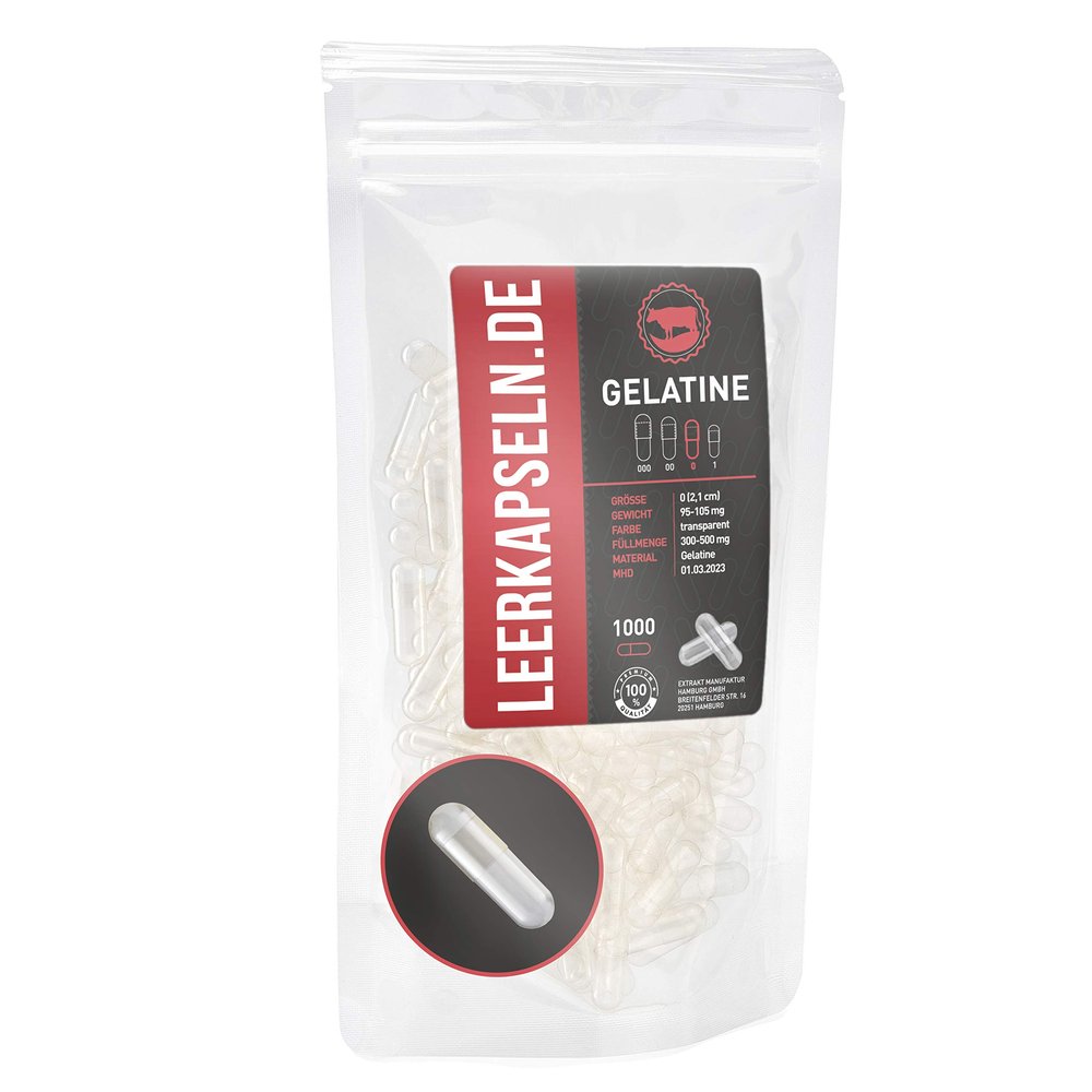 1000 empty capsules | Size 0 | BEEF GELATINE Capsules Caps | connected capsule halves with large filling quantity transparent | halal kosher supplements (1000)
