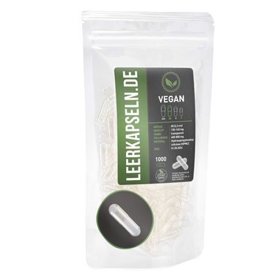 1000 Empty Capsules | Size 00 | HPMC Vegan Capsules caps | Connected Capsule Halves with Large Filling Quantity Transparent Vegetarian | Halal Kosher Supplements (1000)