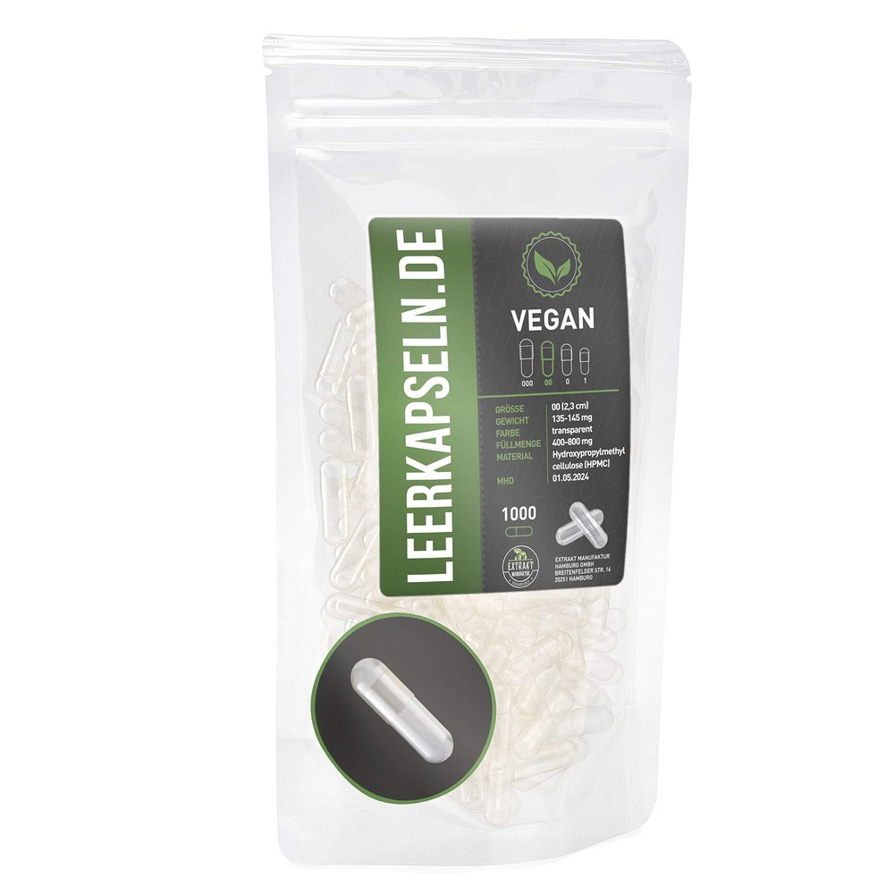 1000 Empty Capsules | Size 00 | HPMC Vegan Capsules caps | Connected Capsule Halves with Large Filling Quantity Transparent Vegetarian | Halal Kosher Supplements (1000)