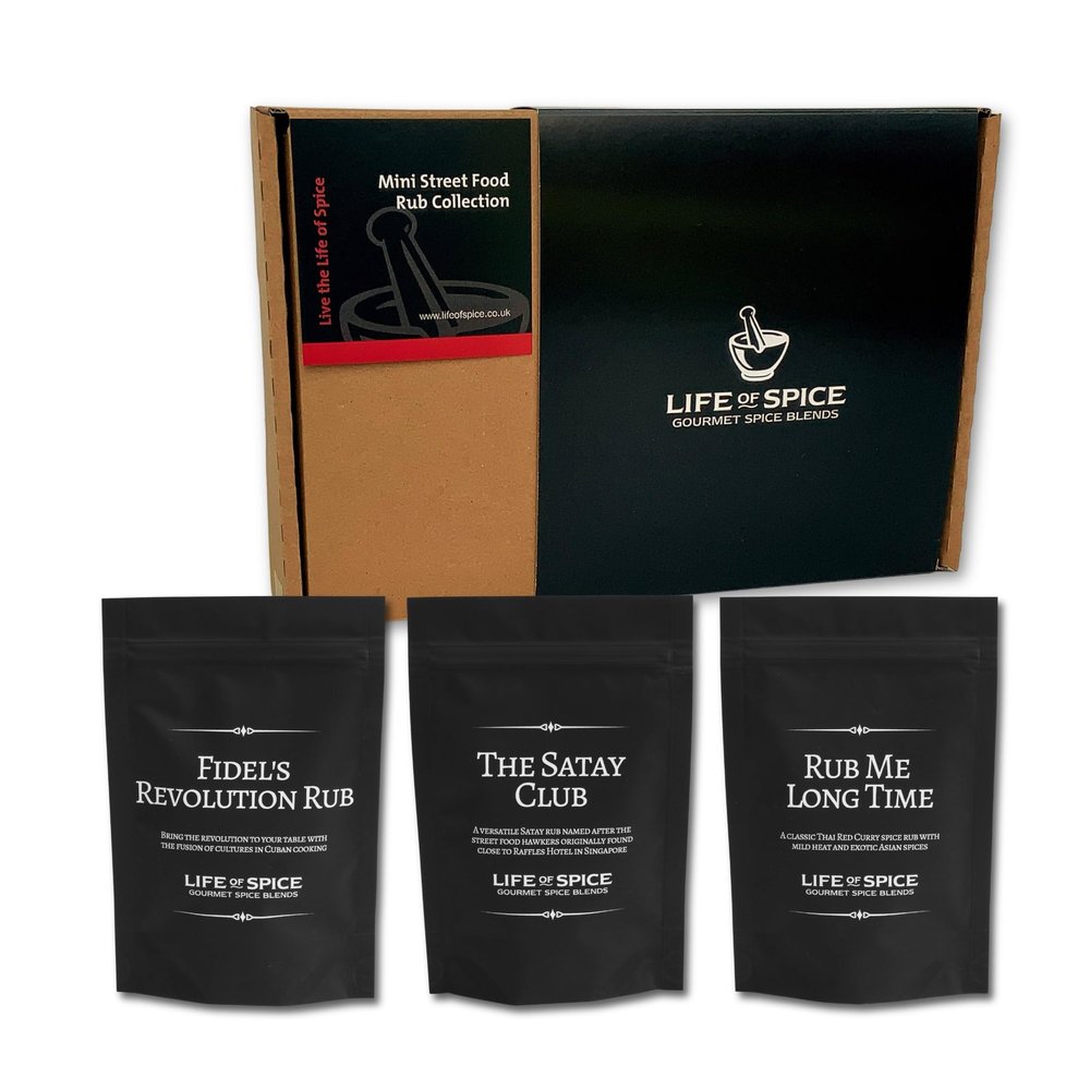 Life of Spice Mini Street Food Rub Collection | Great Seasoning & BBQ Rubs | 180g | 3 Original Rubs with Recipe Cards | Sizzling Satay, Thai Red Curry, Cuban Quesadillas, Chimmichurri | Great Gift