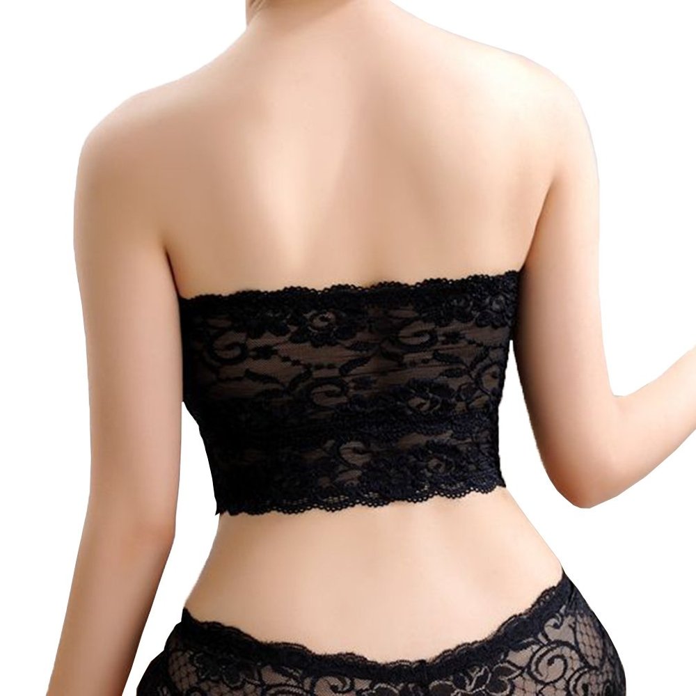 COMVIP Lace Strapless Solid Padded Full Lace Boob Tube Chest Wrap Black