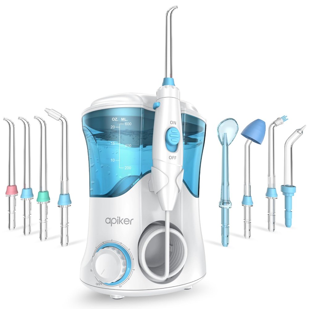 Apiker Water Flosser, Electric Oral Irrigator for Dental Plaque Removal & Oral Hygiene,Water Flossers for Teeth with 8 Jet Tips, 600ml Tank,10 Pressure Settings, for Home Use, 2 Pin EU Plug, White