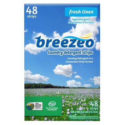 Breezeo Laundry Detergent Strips (Laundry Detergent Sheets), Fresh Linen Scent, 48 Loads  More Convenient than Pods, Pacs, Liquids or Powders  Great for Home, Dorm, Travel, Camping & Hand-Washing