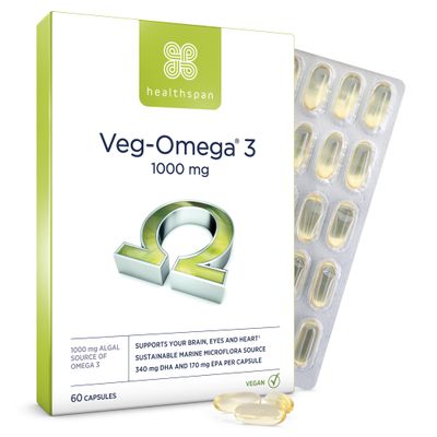 Healthspan Veg-Omega 3 1,000mg | 60 Capsules | Support Brain, Eye and Heart Health | Vegan Algal Source | No Fish | Omega 3 Fatty Acids DHA & EPA | Non-GMO | Vegan
