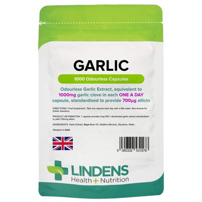 Lindens Garlic Odourless Capsules - 1000mg (700mcg Allicin) - 1000 Capsules 1000 Days Supply - UK Manufacturer, Letterbox Friendly