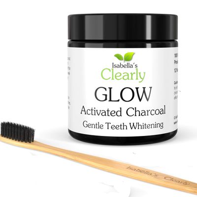 Clearly GLOW Teeth Whitening Activated Charcoal Powder + Soft Bamboo Toothbrush | Pure, Natural, Food Grade, Non GMO, Made in USA | Whiten Teeth Naturally. 80g (12 months supply)