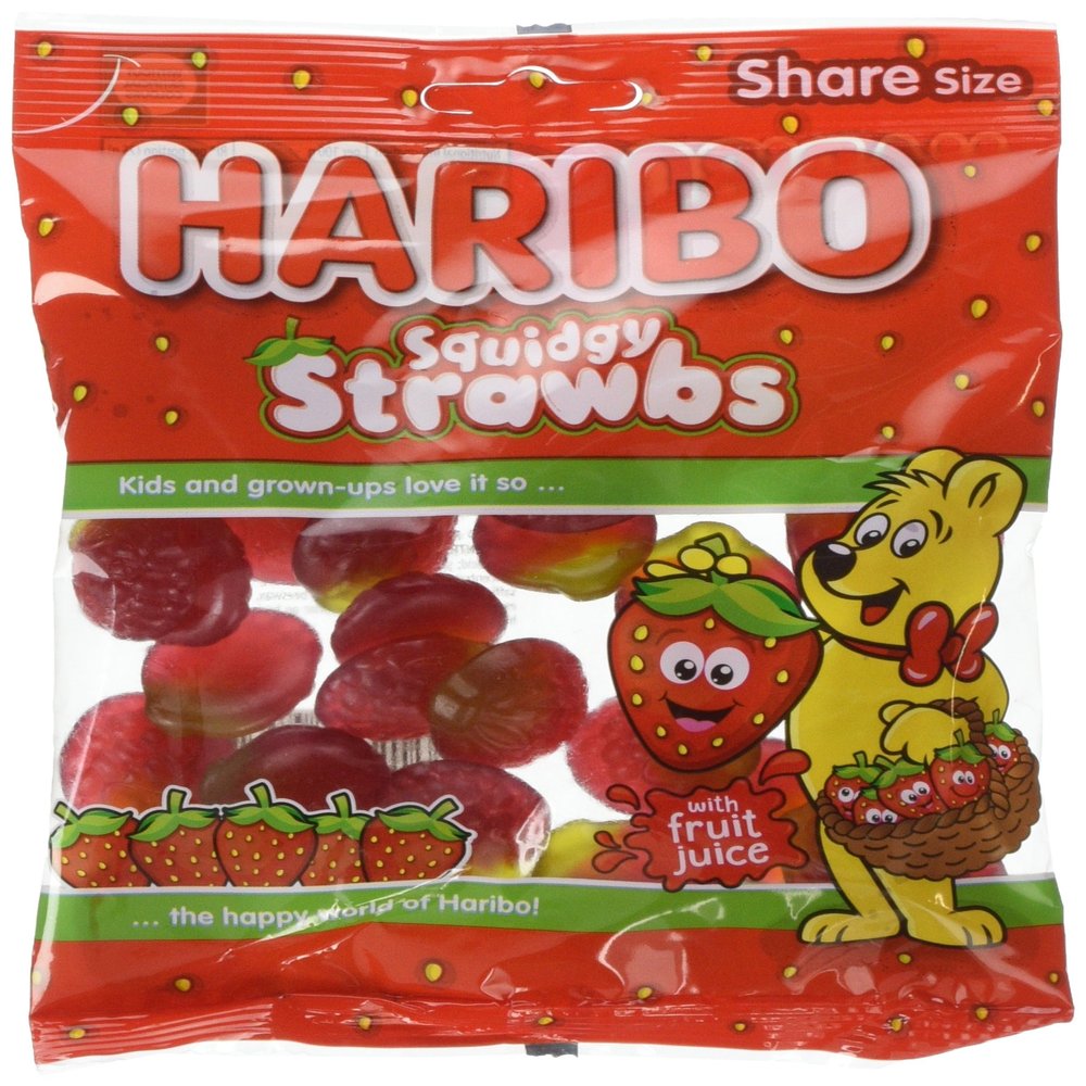 HARIBO Squidgy Strawbs, bulk sweets, 140g, pack of 12