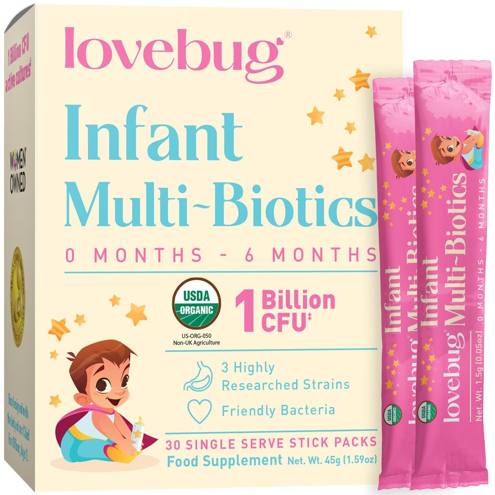 Lovebug Baby Probiotic Powder 1 Billion CFU Multi-Strain Formula with Prebiotic - Friendly Bio Cultures for Newborns, Babies and Infants (0-6 Months) - 30 Sugar Free & Unflavoured Sachet Pack