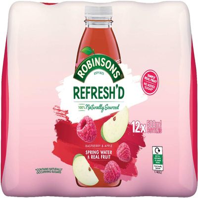 Robinsons Refresh'd - Flavoured Spring Water - Real Fruit, No Added Sugar - Raspberry & Apple - Pack of 12 x 500 ml Bottles