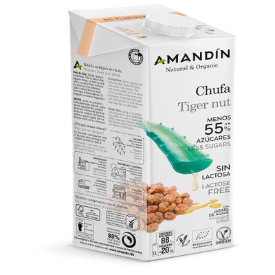 Amandin Organic Tiger Nut Drink with Agave Syrup, 1 Litre, Pack of 6