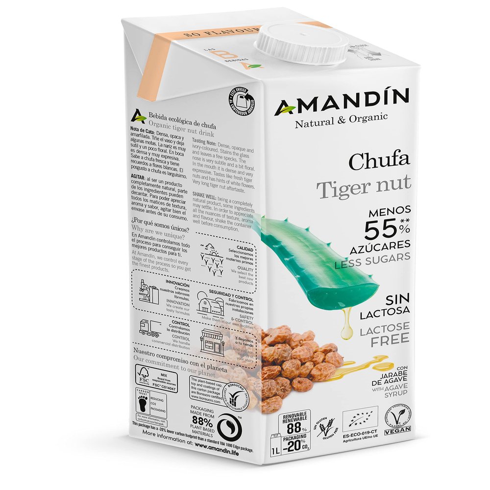 Amandin Organic Tiger Nut Drink with Agave Syrup, 1 Litre, Pack of 6