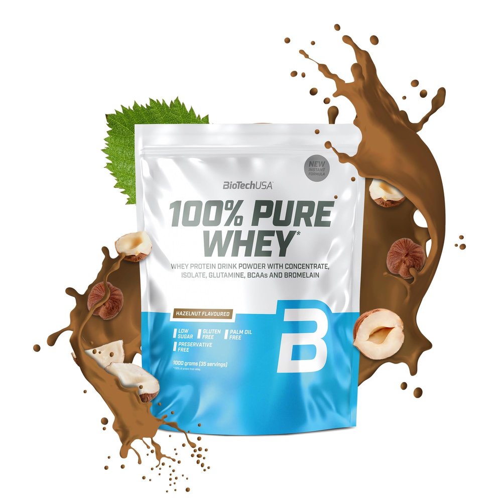 BioTechUSA 100% Pure Whey | Protein Powder with BCAA and Glutamine | Gluten-Free, Palm Oil Free | 21g Protein per Serving, 1 kg, Hazelnut