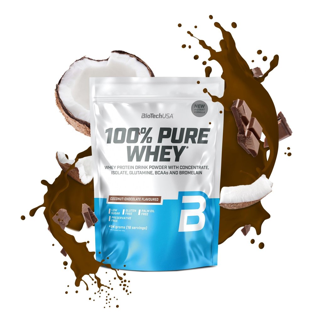 BioTechUSA 100% Pure Whey | Protein Powder with BCAA and Glutamine | Gluten-Free, Palm Oil Free | 21g Protein per Serving, 454 g, Coconut-Chocolate