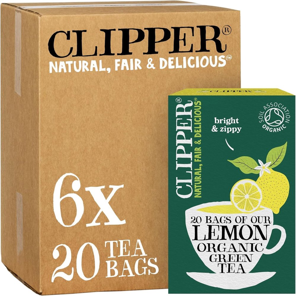 Clipper Organic Lemon Green Tea Bags | 120 Teabags (6x Boxes of 20) | Bulk Buy for Office, Home & Catering | Pure, Fair Trade Green Tea with Lemon | Natural Unbleached Plant-Based & Biodegradable