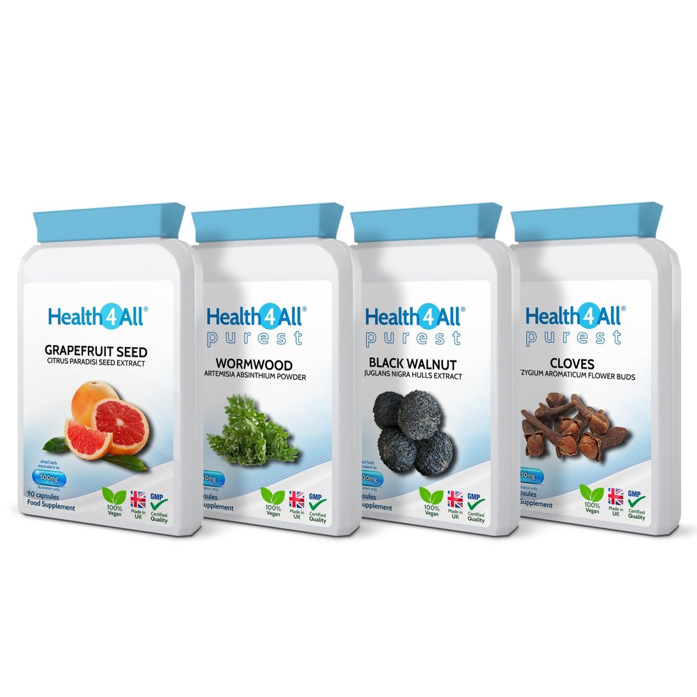 Health4All Strong Intestinal Health Set, Grapefruit Seed Extract, Wormwood, Black Walnut, Cloves, 4x90 360 Capsules, Candida Overgrowth Cleanse & Detox Antifungal Vegan Supplement | Made in UK