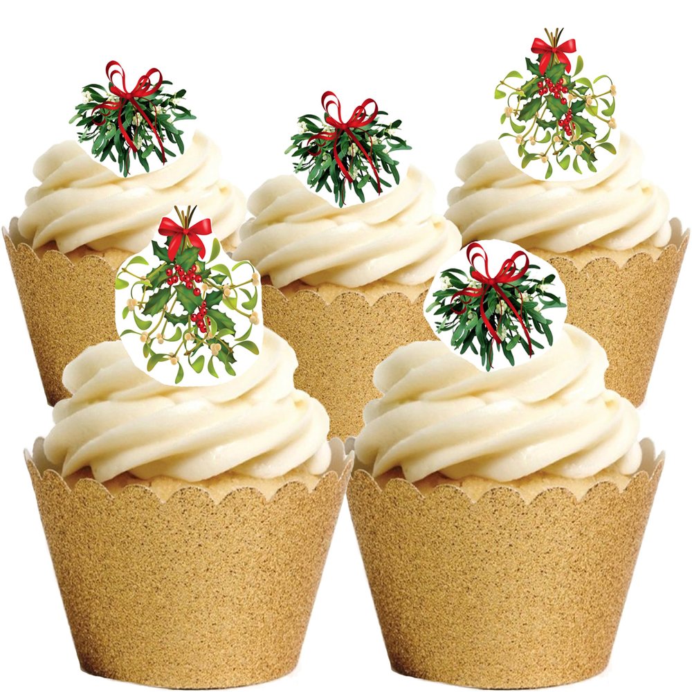 24 Stand Up Premium EDIBLE Wafer Paper Christmas Mistletoe Cake Toppers Decorations by Top That