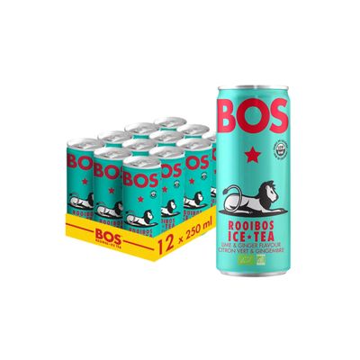 BOS Organic Lime & Ginger Flavoured Caffeine Free Rooibos Ice Tea, Bold & Invigorating Tea Drink, 250 ml (Pack of 12)