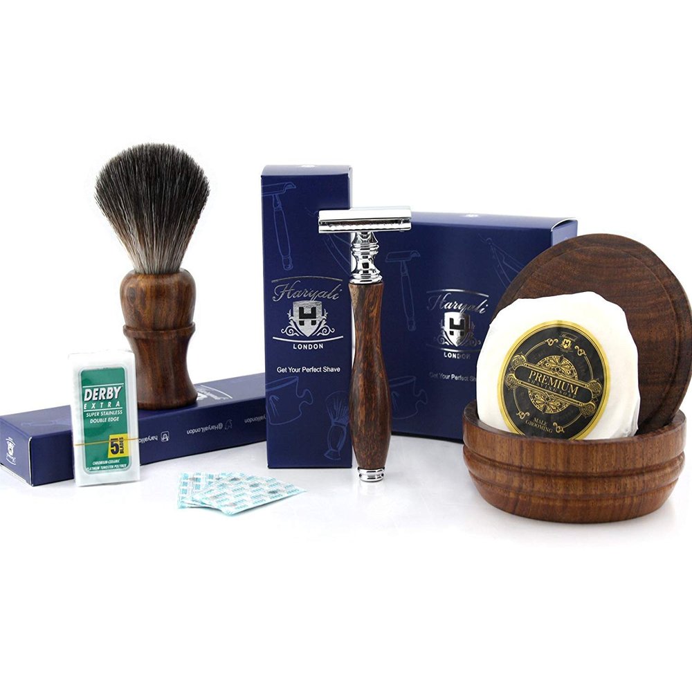4 Pcs Wooden Shaving Set with De Safety Razor,Badger Hair Brush